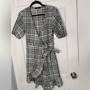 Black White and Yellow Plaid Wrap Dress - Women